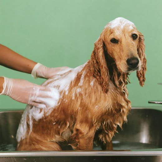 A curly-coated dog in a grooming tub, lathered in shampoo